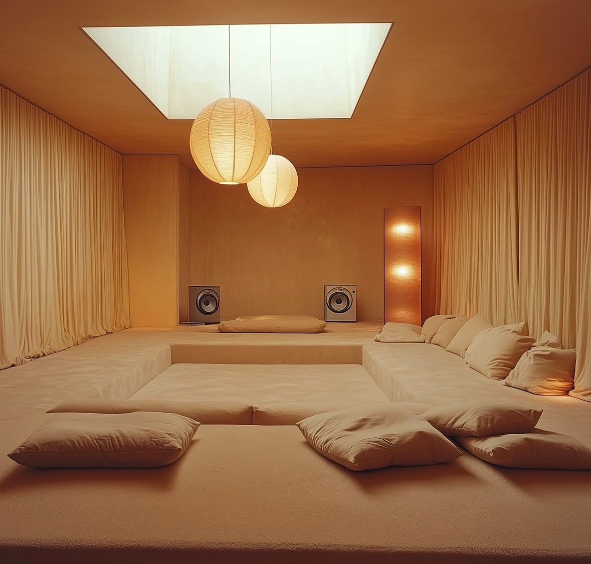 Soft listening room with spherical pendant lamps and speakers