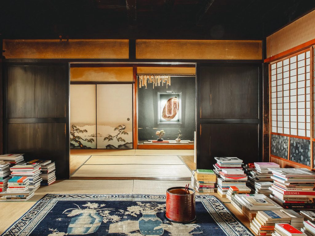 Traditional Japanese interior with tatami mats and shoji screens