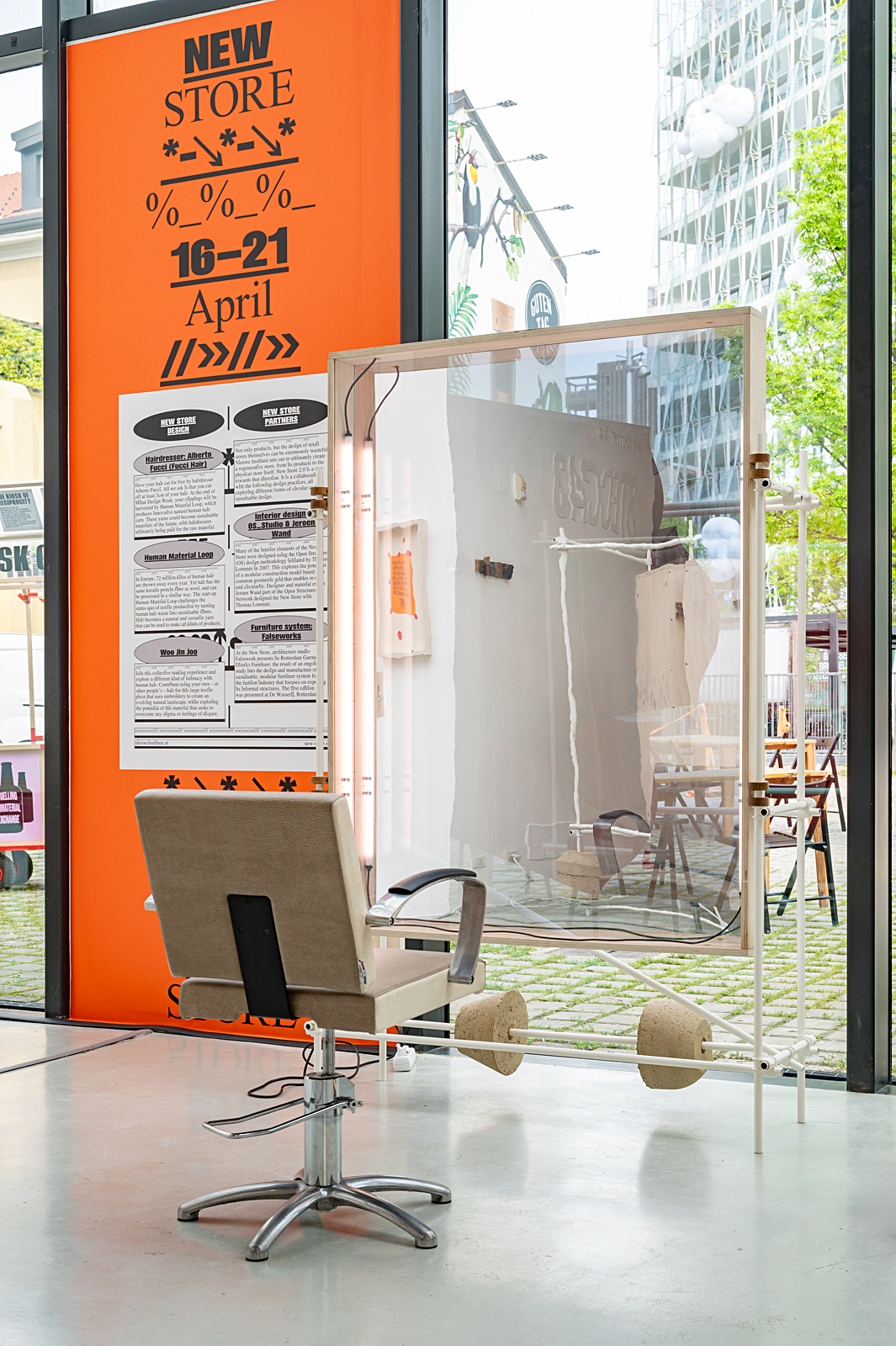 Salon chair and mirror installation at Milan Design Week