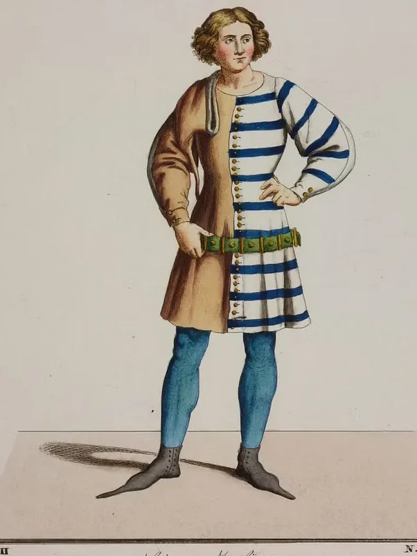 Drawing of a young, stylish 14th-century Italian man in stripes