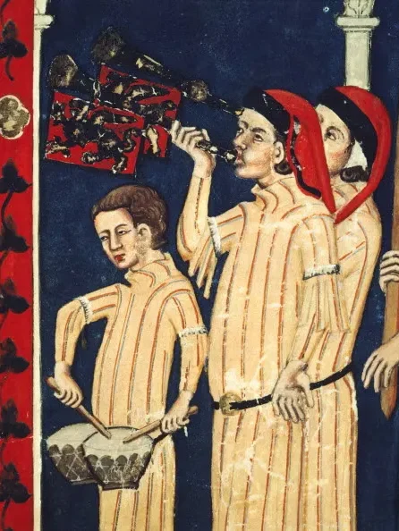 A 14th-century painting of Italian musicians wearing stripes